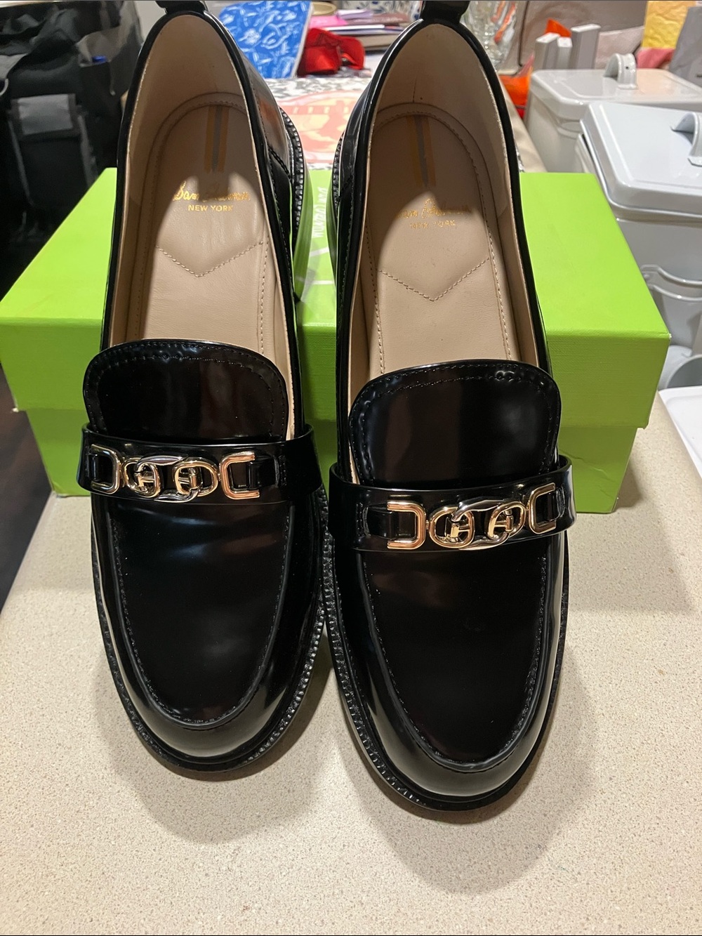 Sam Edelman Black Leather Loafers with Gold Accent